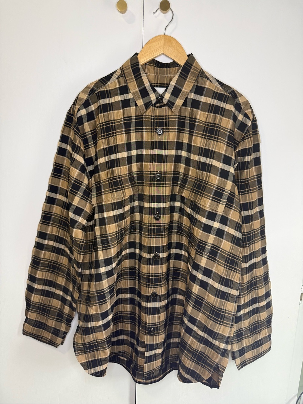Nanushka Black and Tan Plaid Button-Down Shirt